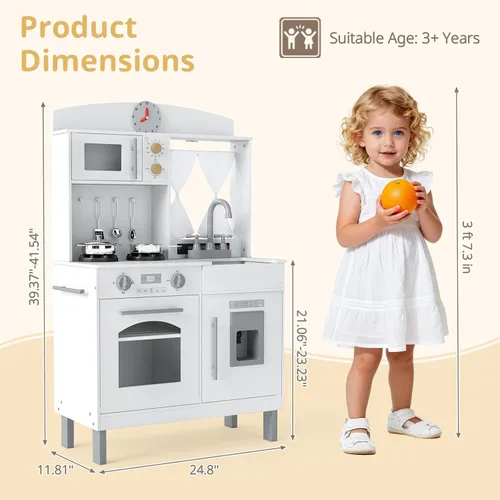 Miniatura 8 de INFANS Cocina de Madera para Niños, Juego de Pretensión con Alturas Ajustables, Sonidos Realistas, Heladera, Microondas, Horno, Juguete de Cocina