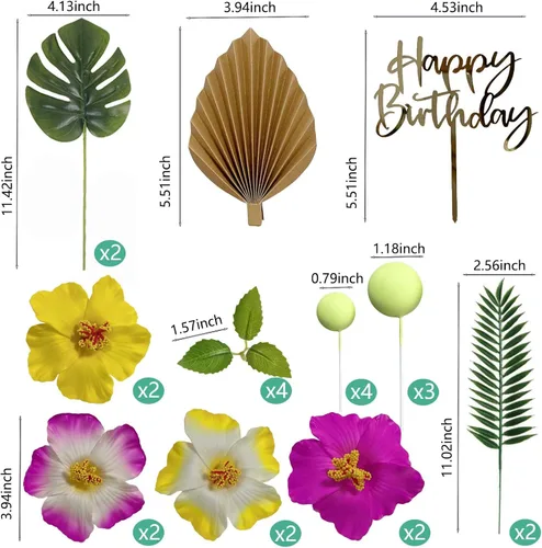 Miniatura 2 de 25 decoraciones de pastel hawaiano para decoración de pasteles de verano con bonitas figuras y hojas de palmera de flores de hibisco para fiestas