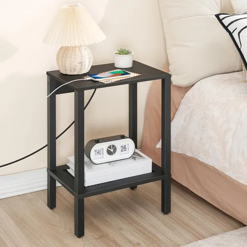 Miniatura 2 de HOOBRO Mesa auxiliar con estación de carga, mesa auxiliar con puertos USB y tomacorriente, mesita de noche con estante de almacenamiento de 2 Negro