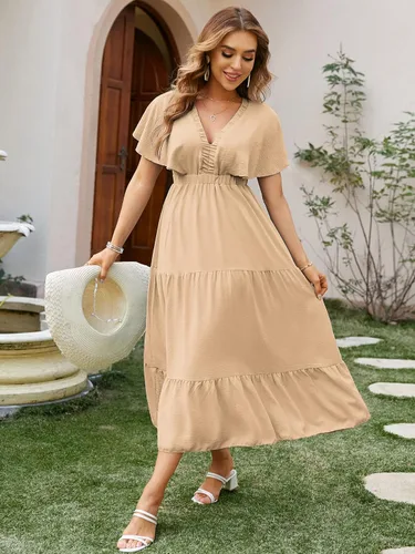 Miniatura 3 de Amegoya - Vestido largo casual de manga corta con cuello en V para mujer, diseño floral, estilo bohemio, para la playa, sesión de fotos, con volantes