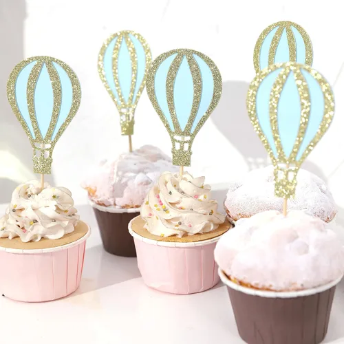 Miniatura 5 de 12 decoraciones para cupcakes de globo aerostático – Decoración para cupcakes con purpurina, decoración de baby shower, suministros de fiesta