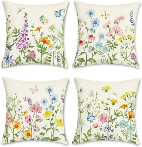 Miniatura 10 de Bonhause Juego de 4 fundas de almohada florales de 18 x 18 pulgadas, fundas de cojín decorativas de plantas silvestres, fundas de cojín decorativas