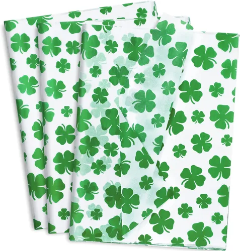 Whaline 100 hojas de papel de seda para el día de San Patricio, acuarela, trébol, papel de regalo de trébol verde, papel de regalo para el hogar