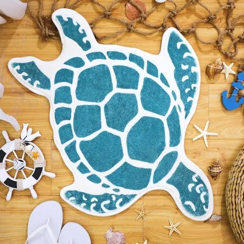Haull - Alfombra de baño de tortuga marina, tapete de baño de animales lindos, turquesa, antideslizante, lavable, cubierta de tortuga para niños,