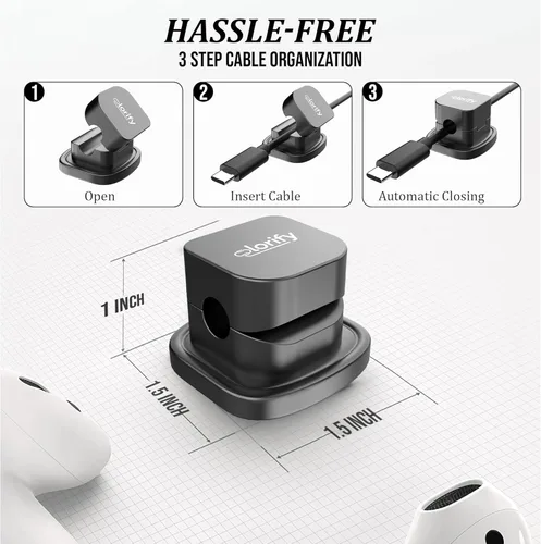 Miniatura 3 de Paquete de 8 clips de resorte para cables [giratorio en 360°, uso con 1 mano], clips adhesivos para cables para mesita de noche, escritorio, pared