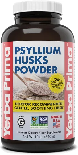 Yerba Prima Polvo de cáscaras de psyllium de 12 onzas, suplemento de fibra natural, limpiador de colon, salud intestinal, vegano, sin OMG, sin