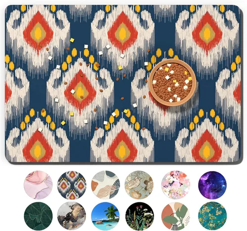 Tapete de comida para perros, 16" x 24" tapete bohemio absorbente para tazones de perros y gatos para comida y agua, bonita alfombra de goma