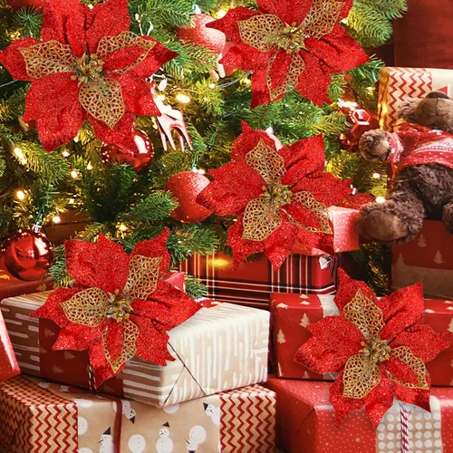 Miniatura 5 de Juego de 20 flores de pascua de 8.7 pulgadas de ancho, 3 capas de flores de Pascua rojas con purpurina, adornos para árbol de Navidad rojo, coronas