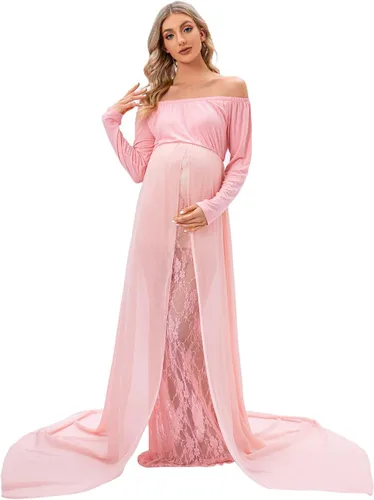 ZIUMUDY Vestido de maternidad para sesión de fotos de manga larga con hombros descubiertos, vestido de encaje ajustado con capa larga de gasa trian