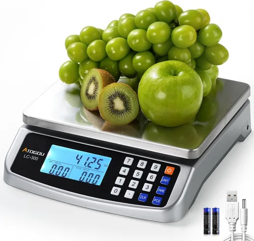 Atogou Báscula de alimentos de 110 libras, báscula de cocina comercial con cálculo de precios, enchufable utilizable, 0.05oz/1g, acero inoxidable