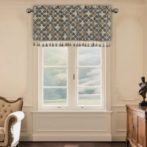 Miniatura 16 de Loom and Mill Cenefas de jacquard de lujo para ventana de sala de estar, elegante cenefa de cortina de damasco beige con ribete de cuentas, cortina