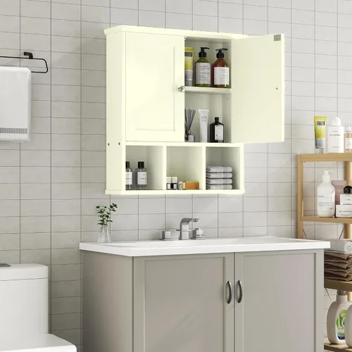 Miniatura 2 de Shintenchi Armario de pared para baño con puerta, organizador de almacenamiento sobre el inodoro para medicinas, ahorro de espacio con estante Nogal