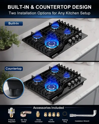 Miniatura 2 de Placa de cocina de gas de 24 pulgadas, estufa de gas de 4 quemadores, diseño integrado o de encimera, vidrio templado negro, convertible a NG/LPG