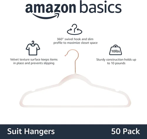 Miniatura 8 de Amazon Basics Perchas de terciopelo delgadas antideslizantes para trajes, paquete de 50, rosa rubor/oro rosa