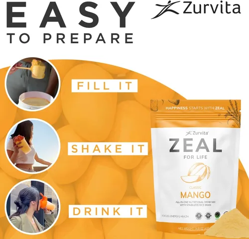 Miniatura 7 de Zurvita Zeal for Life Mezcla para Bebida de Bienestar - Sabor Mango - Sin Gluten, Vegana, con Biotina, Vitaminas B12, C, D, E, Hierro, Magnesio - 30