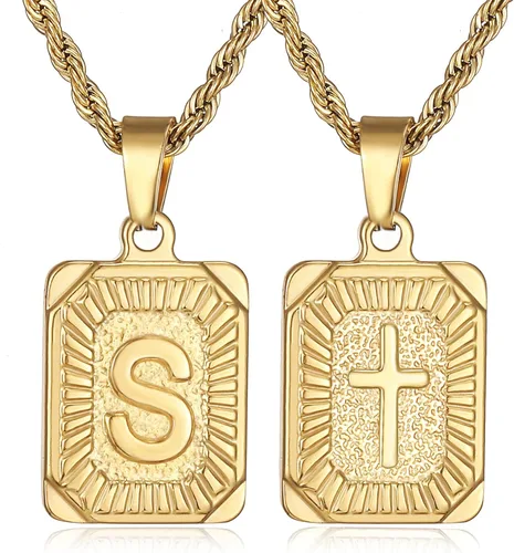 SKQIR Collares de letra inicial para hombre, chapado en acero inoxidable, collar de letra pandent cuadrada A Z para mujer, collar de cruz con