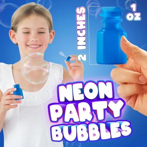 Miniatura 3 de Mini burbujas de neón para fiestas para niños, (paquete de 12) varitas y botellas a granel para soplar burbujas, recuerdos de fiesta de cumpleaños