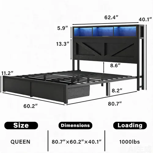 Miniatura 2 de Marco de cama Queen estilo granja con cabecero con estantería y cajones de almacenamiento, luces LED y estación de carga, no necesita somier, sin
