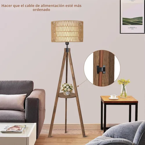Miniatura 8 de LAMSU Lámparas de pie estilo bohemio con trípode para sala de estar, lámpara de pie de madera de ratán con pantallas de tela, lámpara de pie