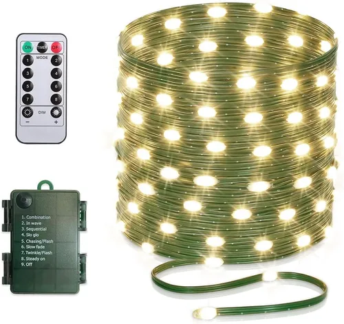 Luces de Cadena de 33 pies que Funcionan con Batería, 100 Luces de Cadena de Hadas LED Alimentadas por Batería con Control Remoto y Temporizador