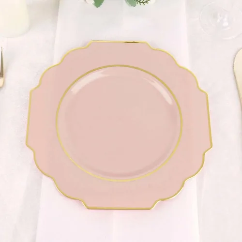 Miniatura 12 de Efavormart - Paquete de 10 platos de postre de plástico color rosa canela de 8 pulgadas, con borde dorado barroco, platos de ensalada desechables