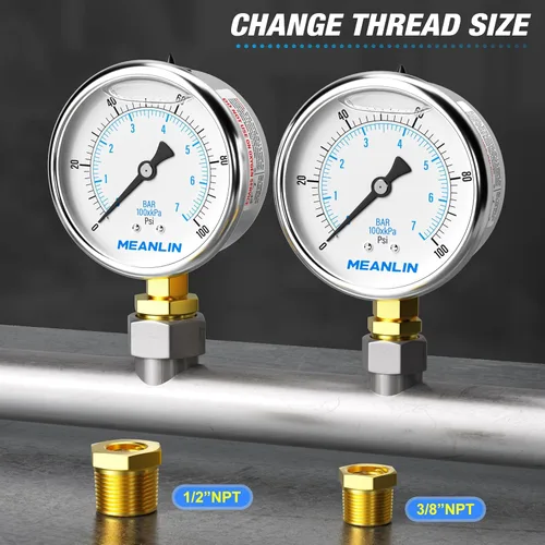 Miniatura 3 de MEANLIN MEASURE 0 ~ 100 psi, esfera de acero inoxidable de 1/4 de pulgada NPT de 2.5 pulgadas, calibre de presión relleno de líquido, montaje