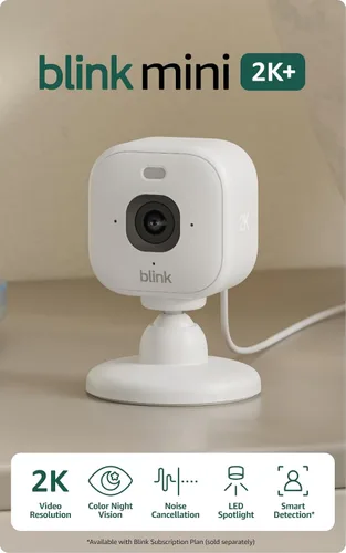Blink Mini 2K+ (último modelo) - Cámara interior con enchufe. Ve mascotas o el interior de casa con resolución 2K, visión nocturna a color, audio