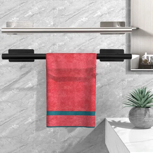 Miniatura 8 de Barra de toalla de baño autoadhesiva, toalleros de acero inoxidable para baño sin perforaciones, resistentes y antioxidantes, adhesivo en la pared