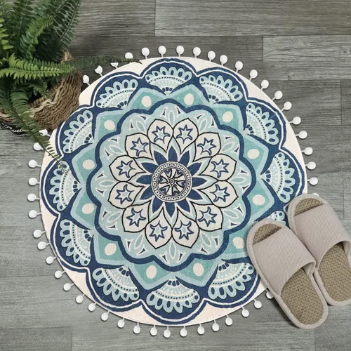 Miniatura 7 de Uphome Alfombra redonda pequeña de 2.3 pies, color azul, bohemia, con flecos de pompones, antideslizante, lavable, tapete de baño circular de Negro