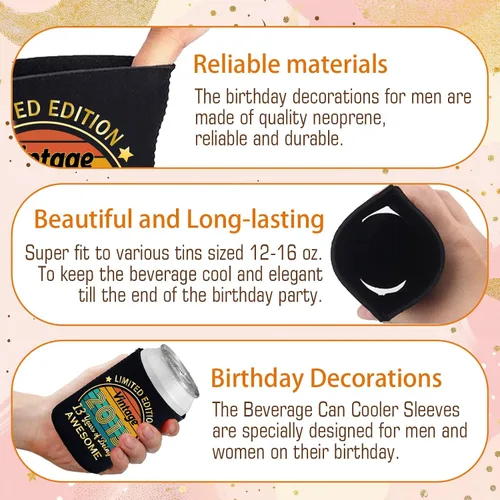 Miniatura 3 de Decoraciones de cumpleaños número 13, suministros y recuerdos de fiesta, fundas enfriadoras para latas de bebidas, paquete de 12, negro y dorado
