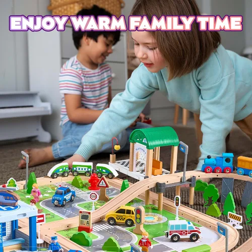 Miniatura 7 de 172 piezas de juego de tren de madera para niños pequeños, vía de tren de madera: expandible y intercambiable, juguetes de tren educativos seguros