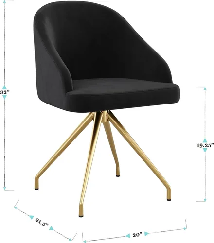 Miniatura 3 de Martha Stewart Sora Silla de Trabajo Giratoria Fija con Brazos Inclinados para Oficina en Casa en Terciopelo Negro con Marco de Latón Pulido