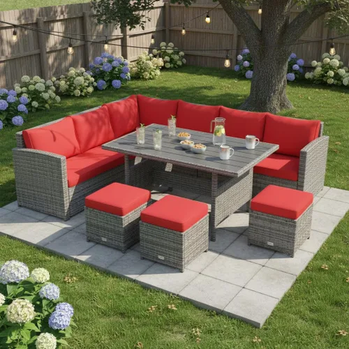 Miniatura 10 de Tangkula Juego de muebles de patio para 6, 7 piezas para todo tipo de clima, sofá seccional de mimbre de polietileno resistente con mesa de comedor