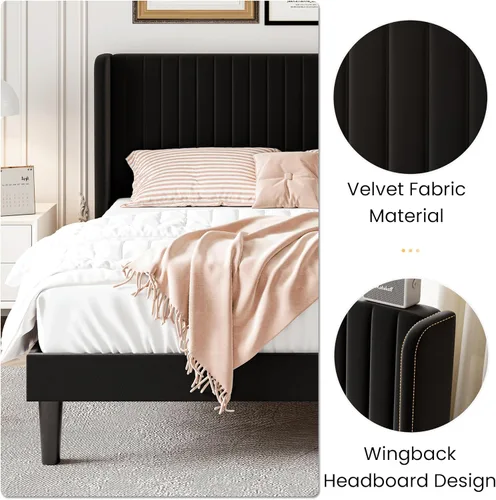 Miniatura 8 de SHA CERLIN Base de cama de terciopelo tamaño Queen con cabecera capitoné de canal vertical, plataforma tapizada con listones de madera, no necesita