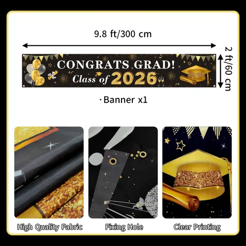 Miniatura 2 de Decoraciones de graduación 2026 Congrats Grad Class of 2026 - Cartel de graduación negro y dorado para patio, decoraciones colgantes para interiores