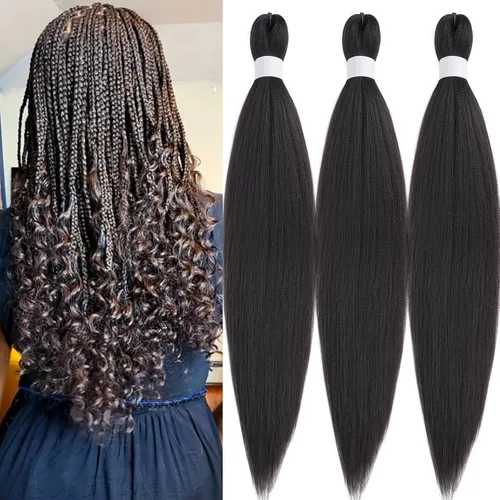 Miniatura 68 de pelo trenzado preestirado marrón, pelo trenzado Kanekalo, pelo trenzado preestirado de 26 pulgadas, 6 paquetes plegados, textura Yaki, extensiones