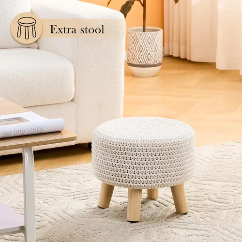Miniatura 2 de Taburete otomano redondo de punto de algodón moderno reposapiés otomano con patas de madera antideslizantes para sala de estar, dormitorio