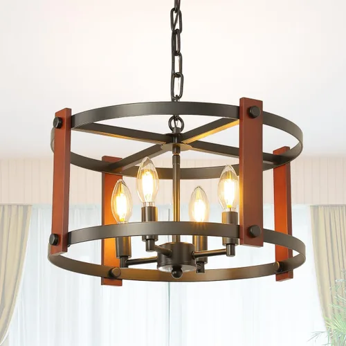 Miniatura 9 de Candelabro de casa de campo moderno, lámpara colgante rústica vintage, lámpara de araña con pantalla de vidrio craquelado, base de jaula de madera
