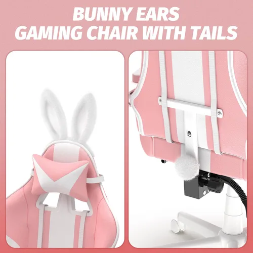 Miniatura 4 de Ferghana Kawaii Bunny Ears - Silla de juegos con reposapiés y masaje, silla ergonómica de cuero para juegos de computadora para niñas, adultos, Rosa