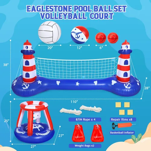 Miniatura 7 de EagleStone Red de voleibol para piscina y aro de baloncesto, flotadores inflables para piscina, juguetes para nadar juegos de agua para adultos