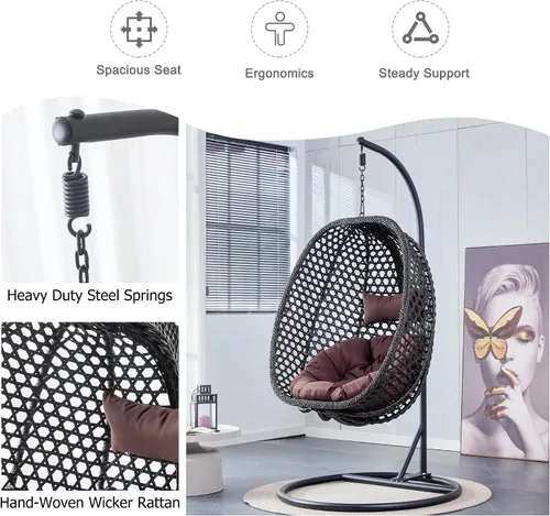 Miniatura 7 de Swining - Silla de huevo con soporte, sillas colgantes de mimbre de ratán para huevos, silla columpio para patio con cojín resistente a los rayos