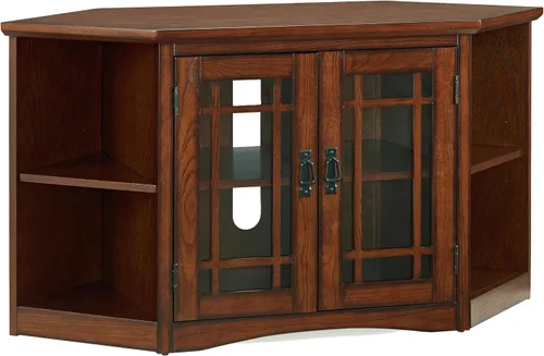 Miniatura 19 de Leick Home 80385 Soporte de TV de esquina de tres puertas de vidrio con plomo con almacenamiento cerrado para televisores de 50 pulgadas, roble