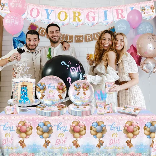 Miniatura 2 de Decoración de revelación de género: juego de vajilla para revelación de género de oso para 20 invitados, incluye pancarta, platos, servilletas