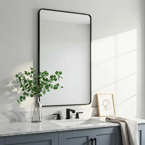 Miniatura 9 de LEDLUX Espejo de baño negro de 24 x 32 pulgadas, espejo sin cobre, marco de metal, espejo rectangular montado en la pared, espejo moderno