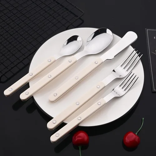 Miniatura 4 de JASHII Juego de cubiertos de 20 piezas de acero inoxidable con remache, juego de cubiertos retro, cuchillo, tenedor, cuchara, servicio para 4 Mango