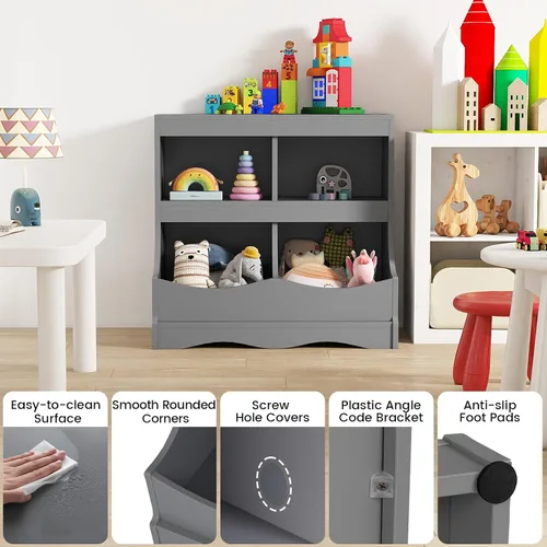 Miniatura 8 de Costzon Organizador de almacenamiento de juguetes, estantería para niños de 4 compartimentos con estribo y tarjeta de nombre, estantería de madera