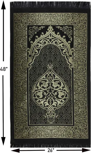 Miniatura 2 de Modefa Alfombra de oración islámica fina tejida de felpilla y tafetán turca Sajada diseño intrincado metálico (negro + azul)