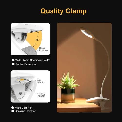 Miniatura 5 de KLEAH Luz de clip para cama y escritorio, lectura en cama, dormitorio, cuello de cisne flexible, lámpara de abrazadera recargable a pilas para Blanco