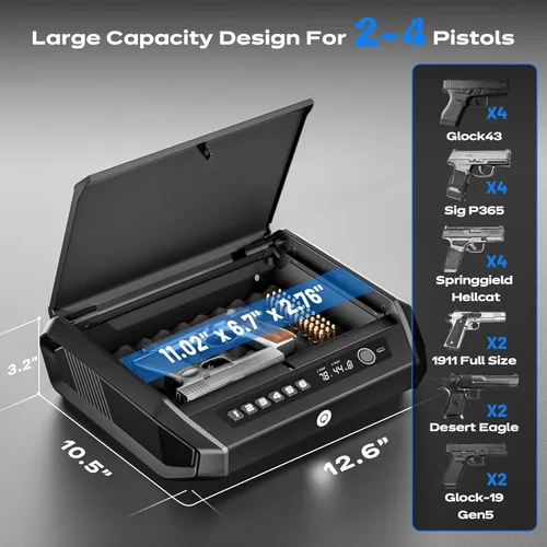 Miniatura 7 de Caja fuerte para armas con pantalla LCD, ≤0.1s de acceso rápido grande para pistola de 2 a 4 pistolas, caja de bloqueo de pistola de mano con huella