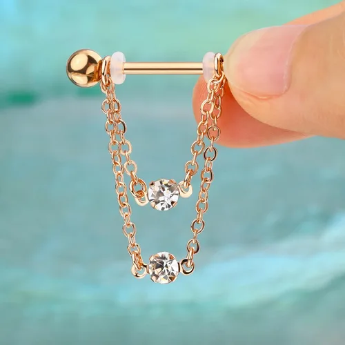 Miniatura 5 de Cocharm Anillos de pezón de doble cadena de 0.49 oz, plata y oro, joyería de piercing de acero inoxidable 316L para mujer